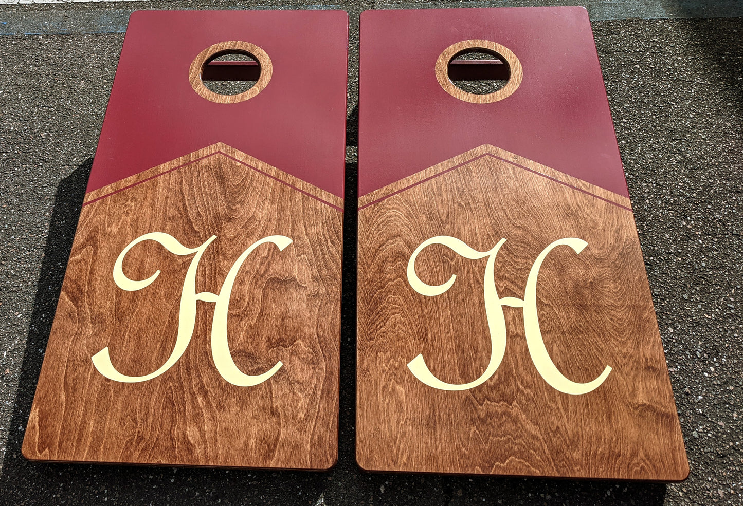 Stained with Monogram Cornhole Boards