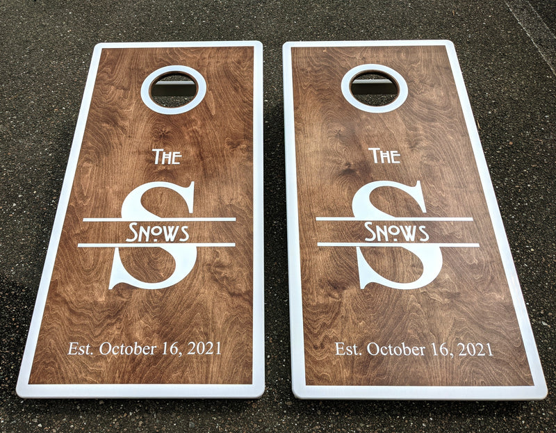 Stained with Monogram Cornhole Boards